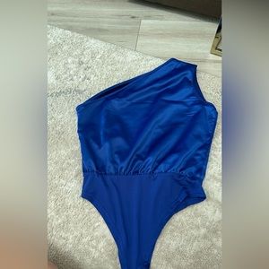 Blue silk one shoulder body suit